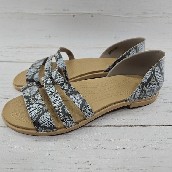 Crocs Tulum Womens 10 Sandals Gray Snake Skin Open Toe‎ Strappy Slip On 206109 - Picture 1 of 10
